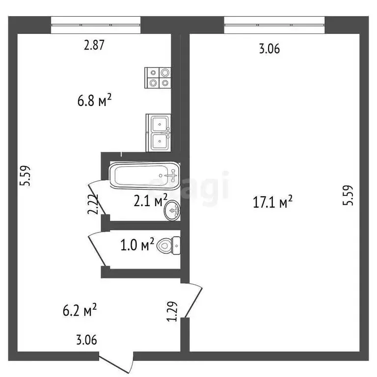 1-комнатная квартира: Берсеневка, Пролетарская улица, 25 (39 м) - Фото 0