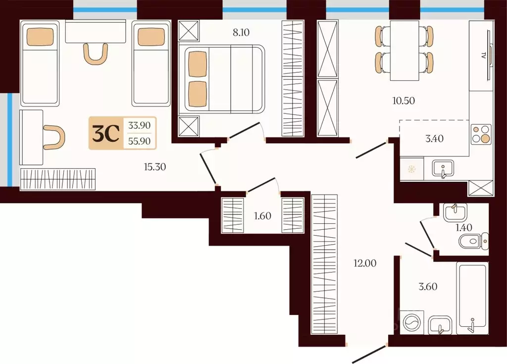 3-к кв. Башкортостан, Уфа ул. Сун-Ят-Сена, 24 (55.9 м) - Фото 2