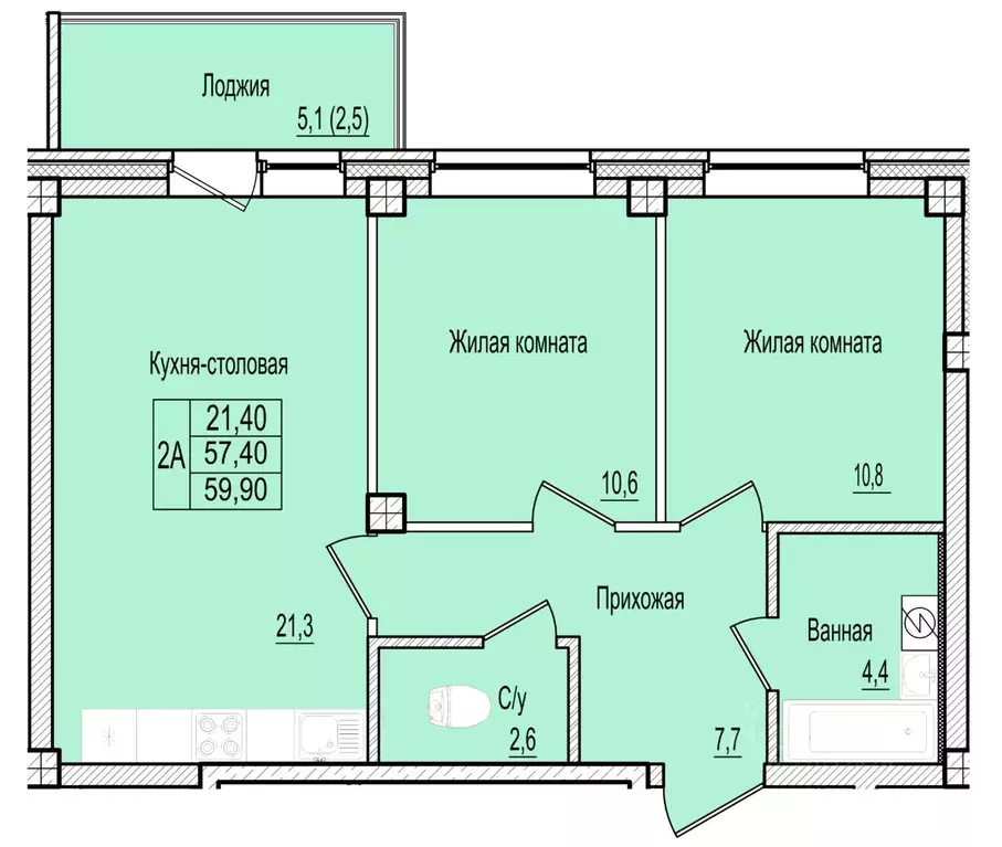 2-к кв. Псковская область, Псков Овсище исторический район,  (59.9 м) - Фото 1