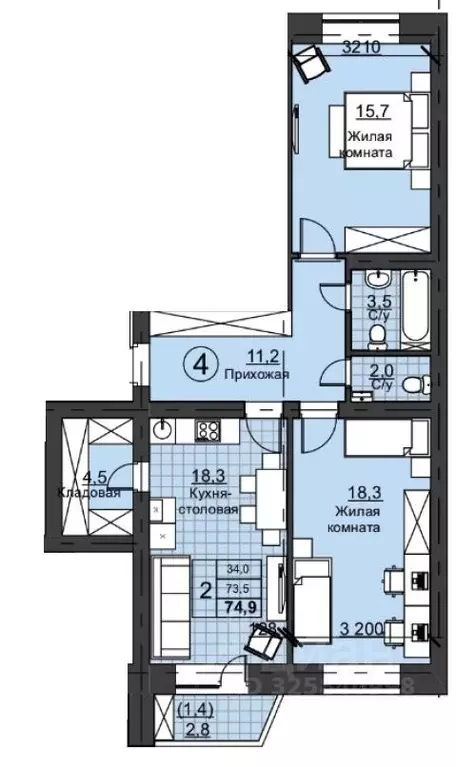 2-к кв. Оренбургская область, Оренбург ул. Ильи Глазунова, 3/1 (74.9 ... - Фото 1