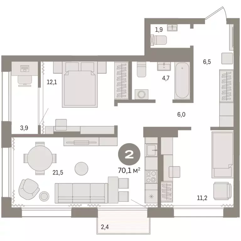 2-комнатная квартира: Тюмень, Краснооктябрьская улица, 4к3 (70.09 м) - Фото 1