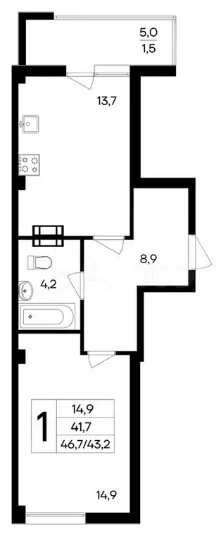 1-к. квартира, 43,2 м, 8/9 эт. - Фото 0