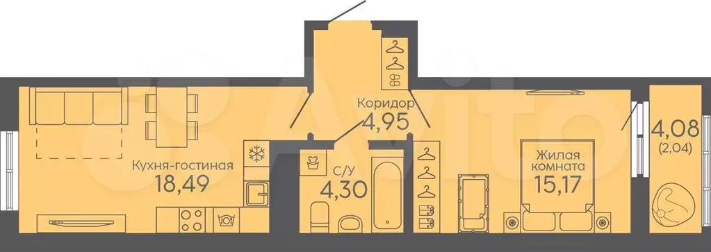 1-к. квартира, 45 м, 4/16 эт. - Фото 1