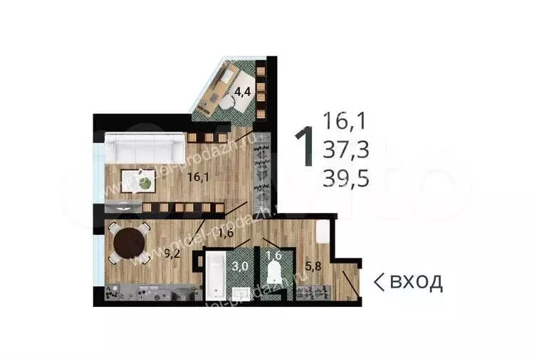1-к. квартира, 39,5 м, 13/15 эт. - Фото 0