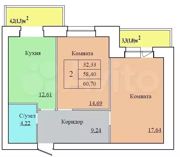 2-к. квартира, 60,7 м, 1/12 эт. - Фото 1