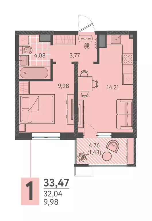 1-комнатная квартира: Краснодар, ЖК Тёплые Края (33.47 м) - Фото 1
