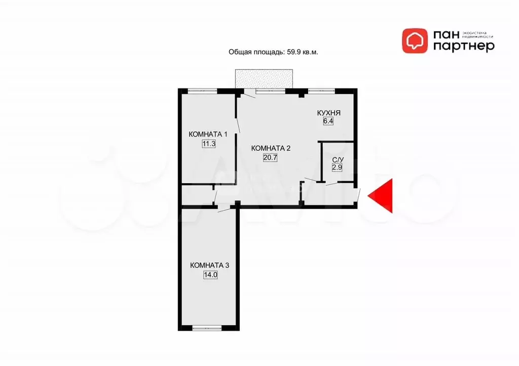 3-к. квартира, 59,9 м, 2/5 эт. - Фото 0