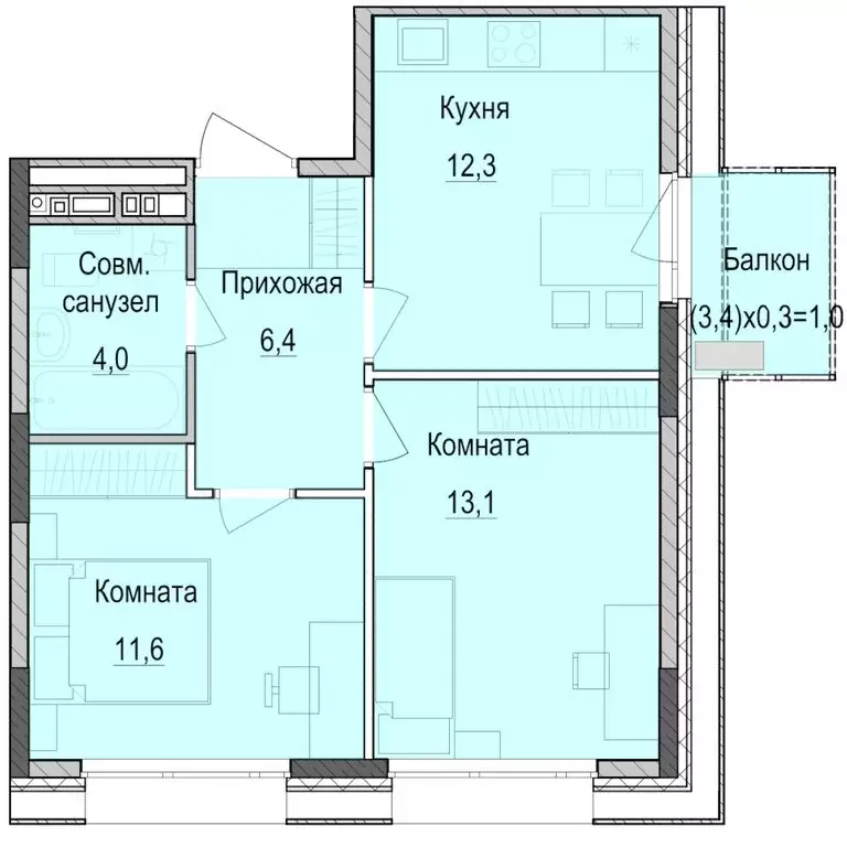 2-комнатная квартира: Казань, жилой комплекс Паркмаяк (48.1 м) - Фото 0