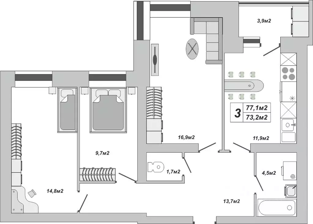 3-к кв. Тамбовская область, Тамбов ул. Чичерина, 7/1к3 (77.1 м) - Фото 1