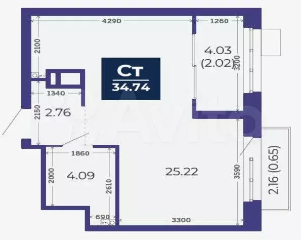 Квартира-студия, 34,7 м, 3/12 эт. - Фото 1