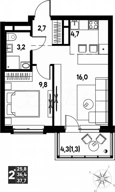 2-к. квартира, 37,7 м, 14/16 эт. - Фото 0