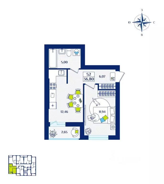 1-к кв. Калининградская область, Зеленоградск  (36.8 м) - Фото 1
