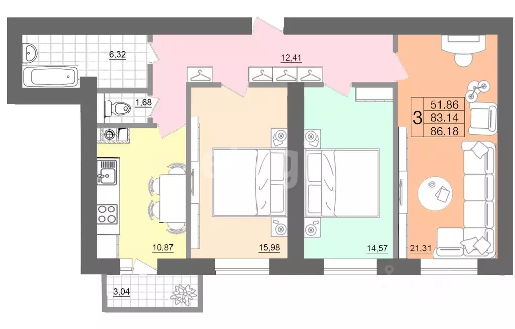 3-к кв. Смоленская область, Смоленск Вяземская ул., 34Г (82.7 м) - Фото 2