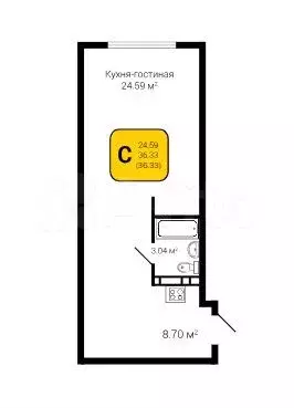 Квартира-студия, 36,3 м, 6/8 эт. - Фото 1