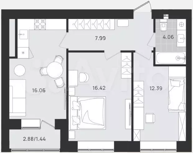 2-к. квартира, 58,4 м, 1/9 эт. - Фото 1