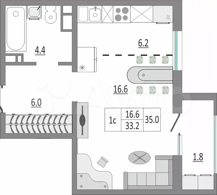 Квартира-студия, 35 м, 10/20 эт. - Фото 0