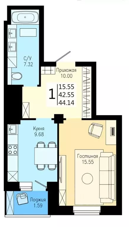 1-к кв. Красноярский край, Красноярск Дудинская ул. (44.14 м) - Фото 0