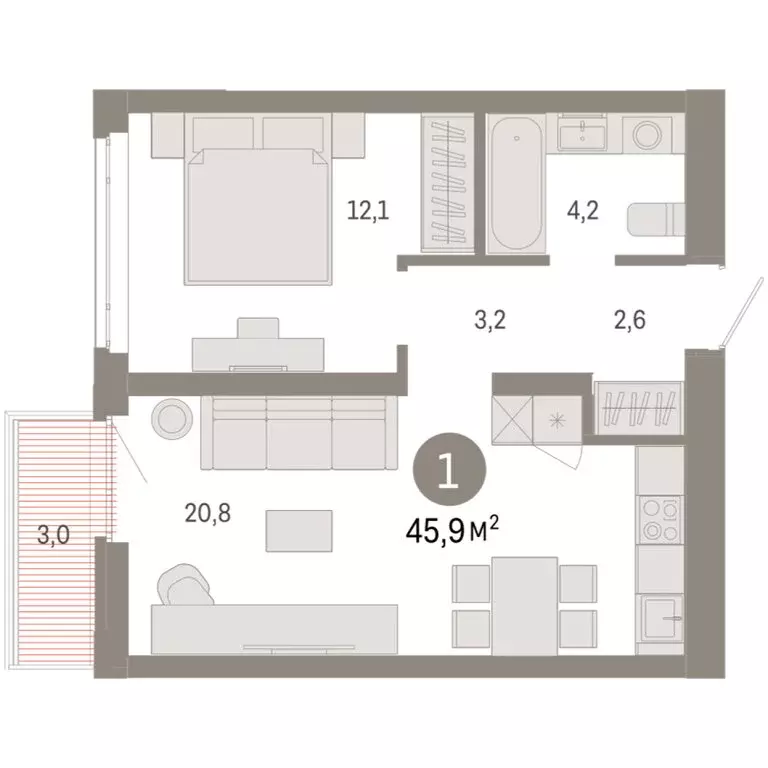 1-комнатная квартира: Тюмень, улица Республики, 205к3 (45.87 м) - Фото 2