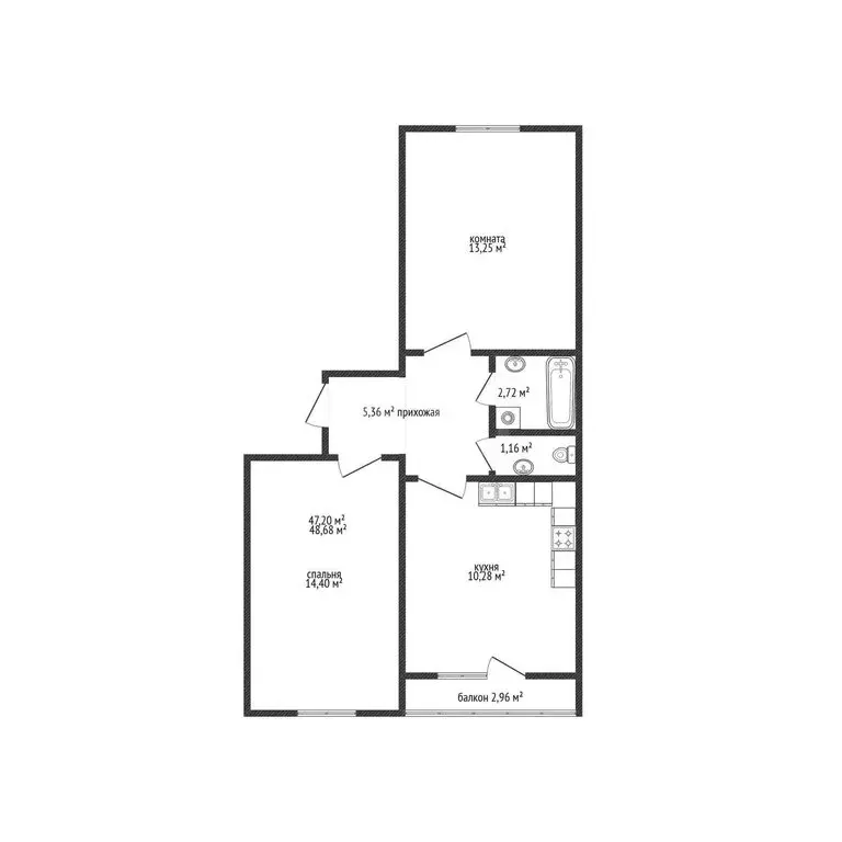 2-комнатная квартира: Новая Адыгея, жилой комплекс Ритм (48.68 м) - Фото 0