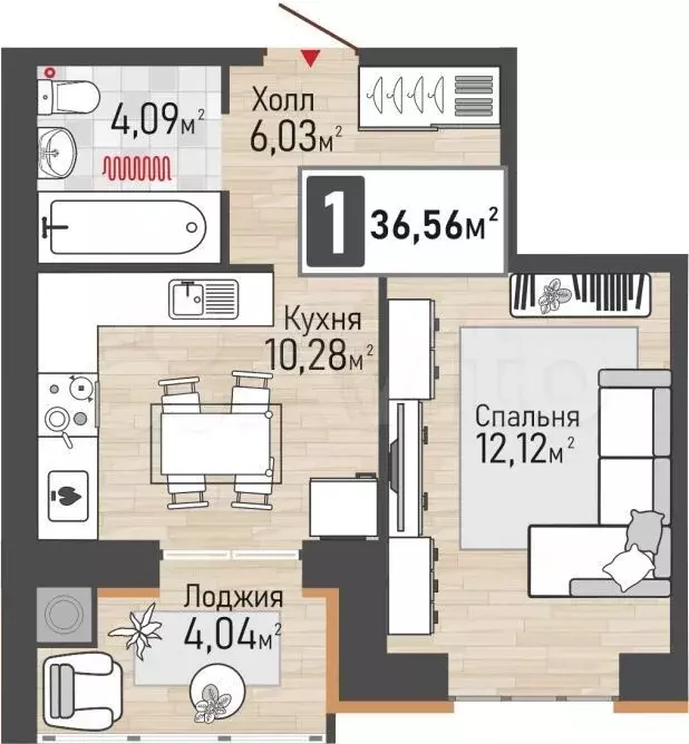1-к. квартира, 36,6 м, 7/10 эт. - Фото 0