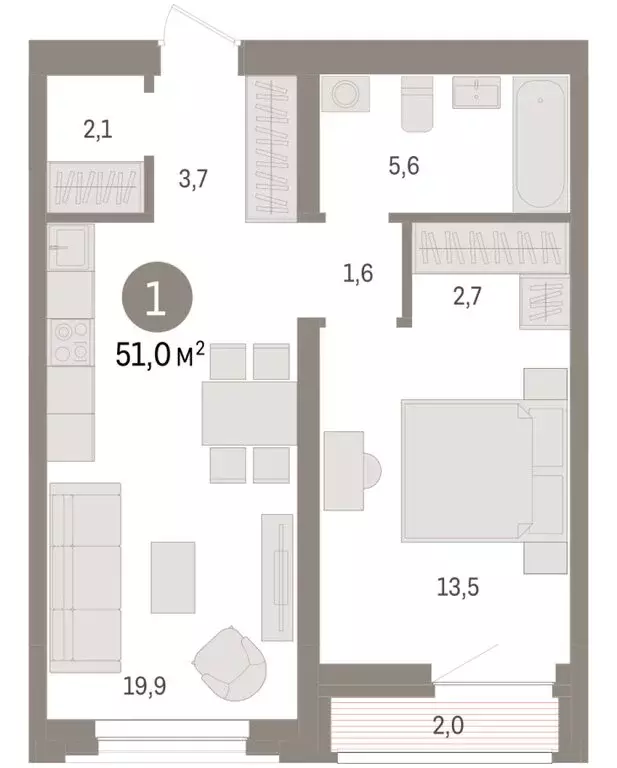 1-комнатная квартира: Тюмень, жилой комплекс Речной Порт (50.6 м) - Фото 2