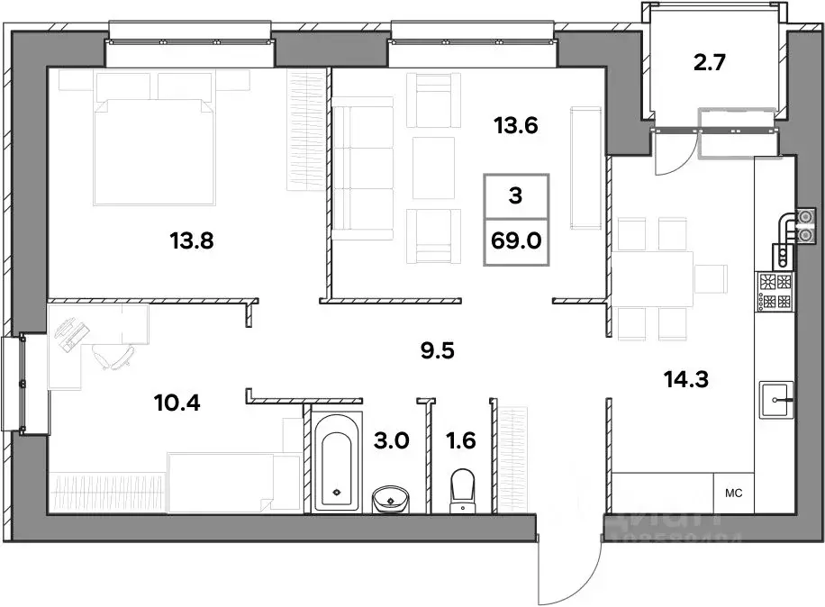 3-к кв. Ярославская область, Ярославль ул. Шевелюха, 124А (69.0 м) - Фото 0