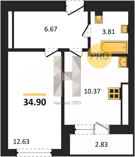 1-к. квартира, 34,9 м, 5/9 эт. - Фото 1
