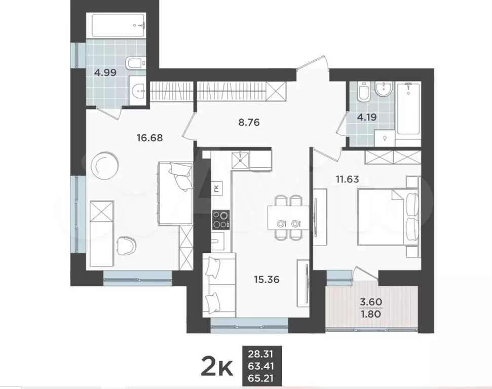2-к. квартира, 63,4 м, 8/9 эт. - Фото 1