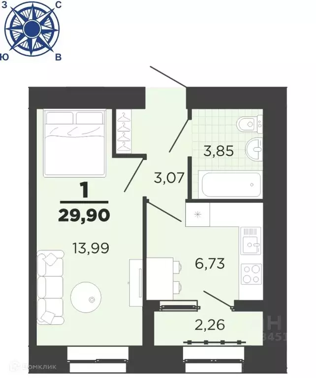 1-к кв. Рязанская область, Рязань ул. Семчинская, 11к2 (29.9 м) - Фото 0