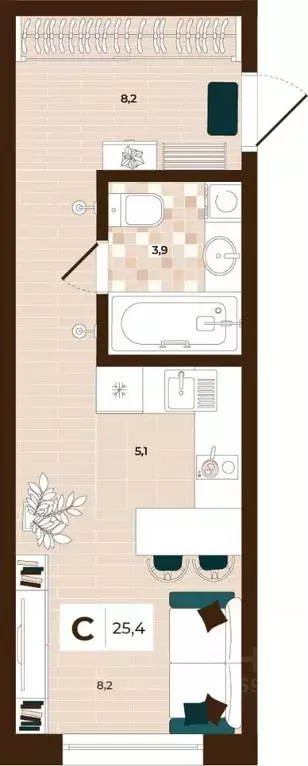 Студия Тульская область, Тула ул. Академика Насоновой, 3 (25.4 м) - Фото 1