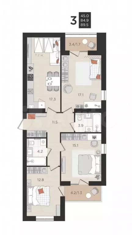 3-к. квартира, 84,9 м, 4/4 эт. - Фото 1