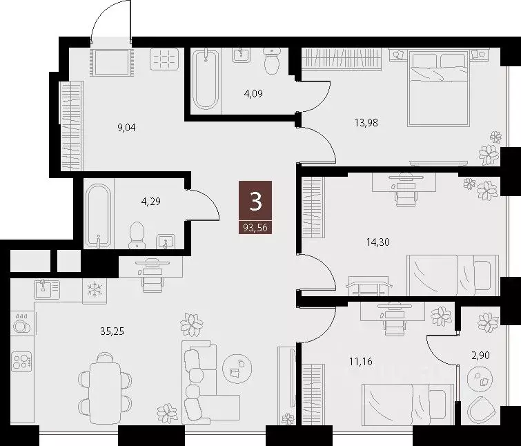 3-к кв. Рязанская область, Рязань ул. Бирюзова, 20с1 (93.56 м) - Фото 1