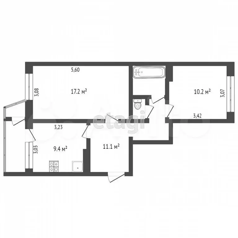 2-к. квартира, 51,6 м, 2/5 эт. - Фото 0