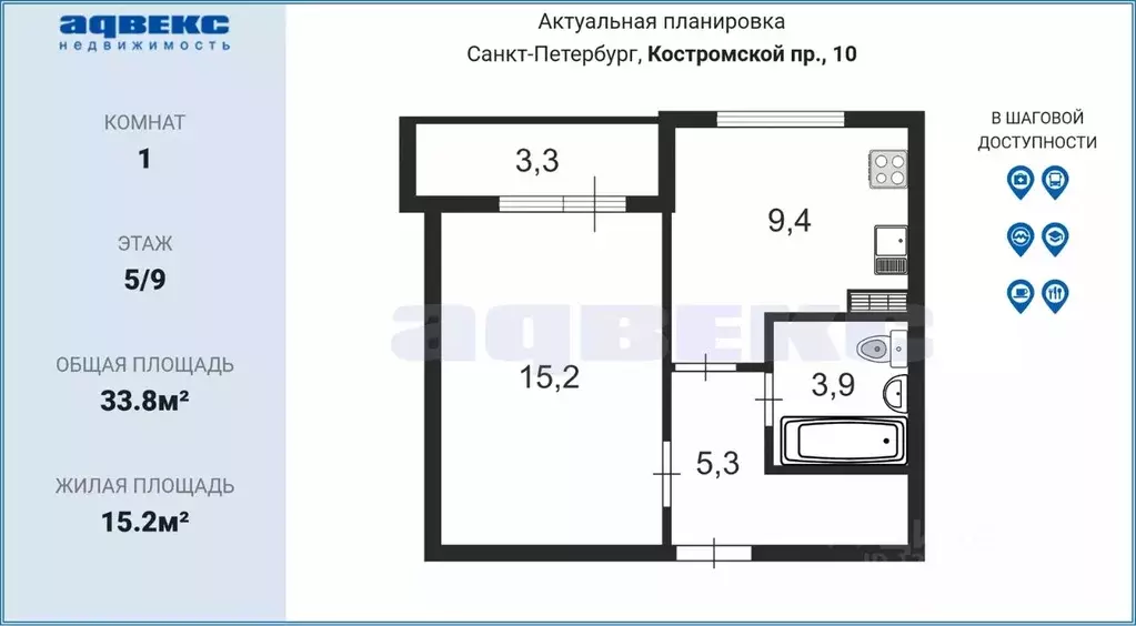 1-к кв. Санкт-Петербург Костромской просп., 10 (33.8 м) - Фото 1