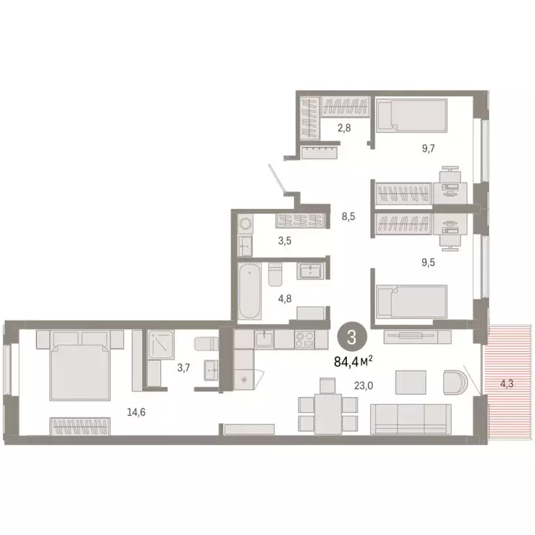 3-комнатная квартира: Омск, Кировский округ (84.38 м) - Фото 1