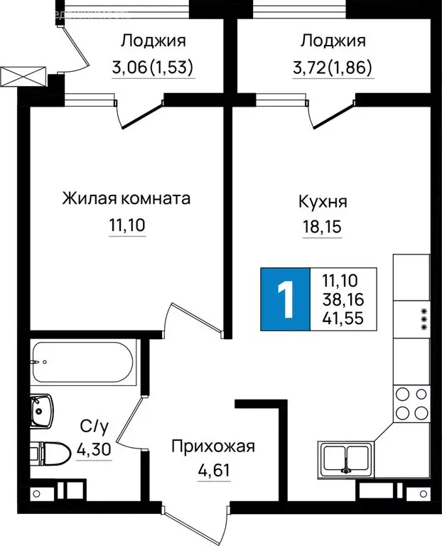 1-комнатная квартира: Новороссийск, микрорайон 5-я Бригада (41.55 м) - Фото 0