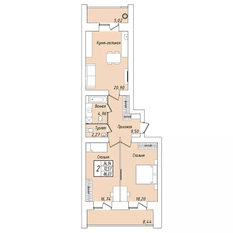 2-к квартира, 86.03 м - Фото 0