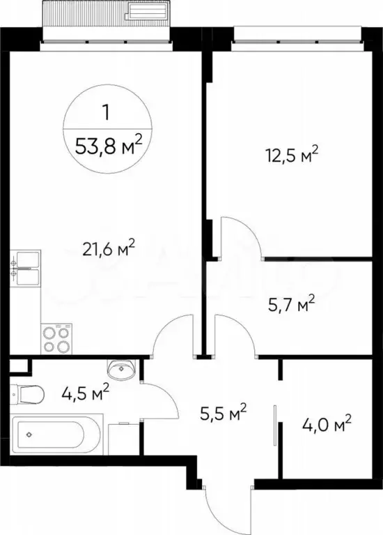 1-к. квартира, 53,8 м, 1/9 эт. - Фото 0