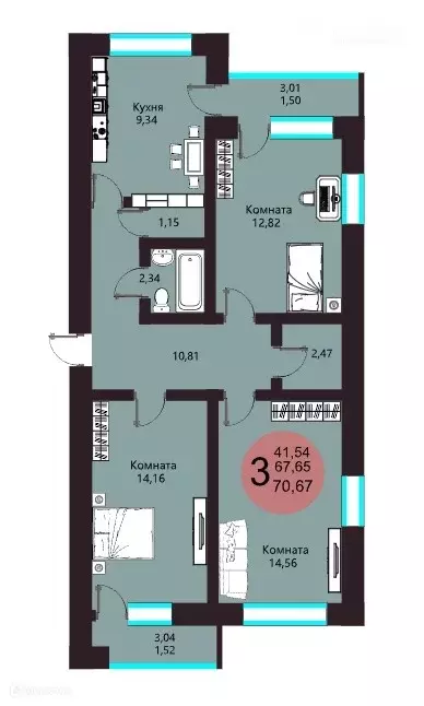 Продаётся 3-к квартира, 70.67 м - Фото 1