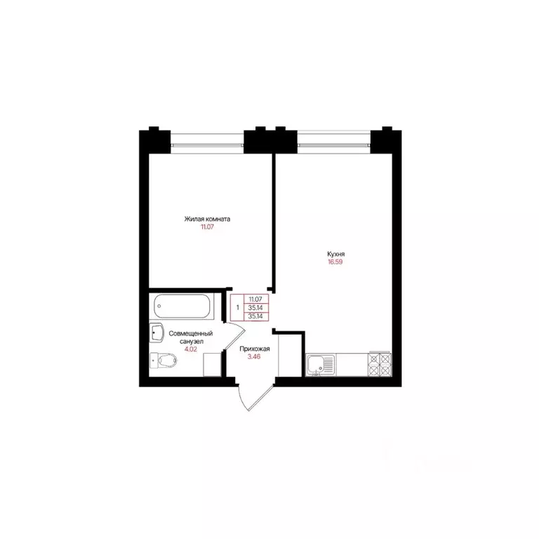 1-к кв. Татарстан, Казань  (35.14 м) - Фото 2