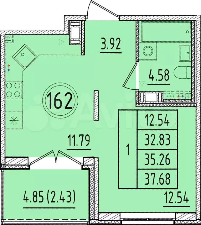 1-к. квартира, 32,8 м, 4/4 эт. - Фото 0