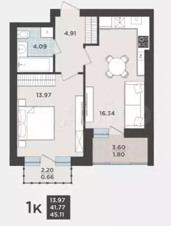 1-к. квартира, 41,8 м, 8/9 эт. - Фото 1