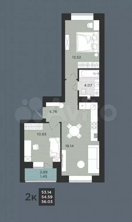 2-к. квартира, 56,6 м, 2/9 эт. - Фото 0