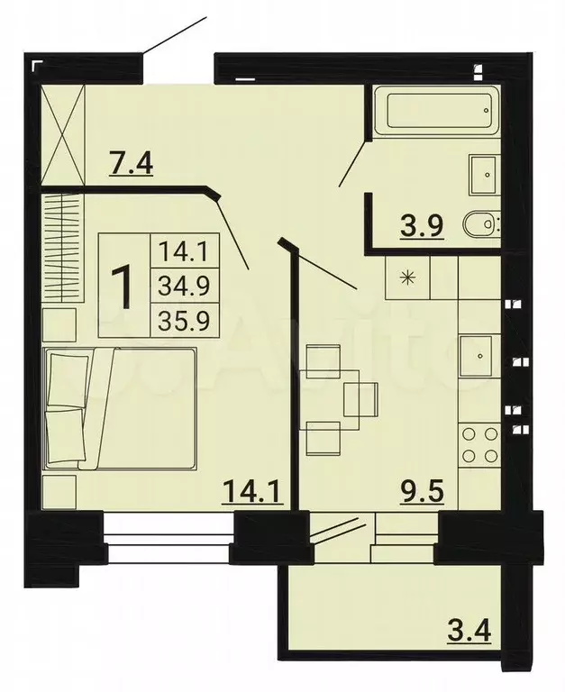 1-к. квартира, 35,9 м, 4/8 эт. - Фото 0