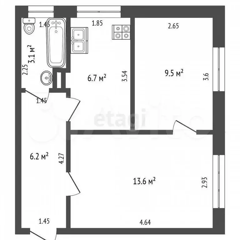 2-к. квартира, 39,1 м, 1/2 эт. - Фото 0