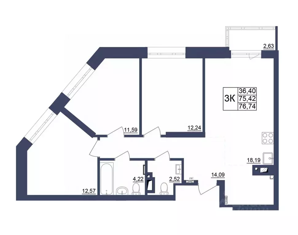 3-к кв. Башкортостан, Уфа Космос жилой комплекс, лит1 (77.09 м) - Фото 1