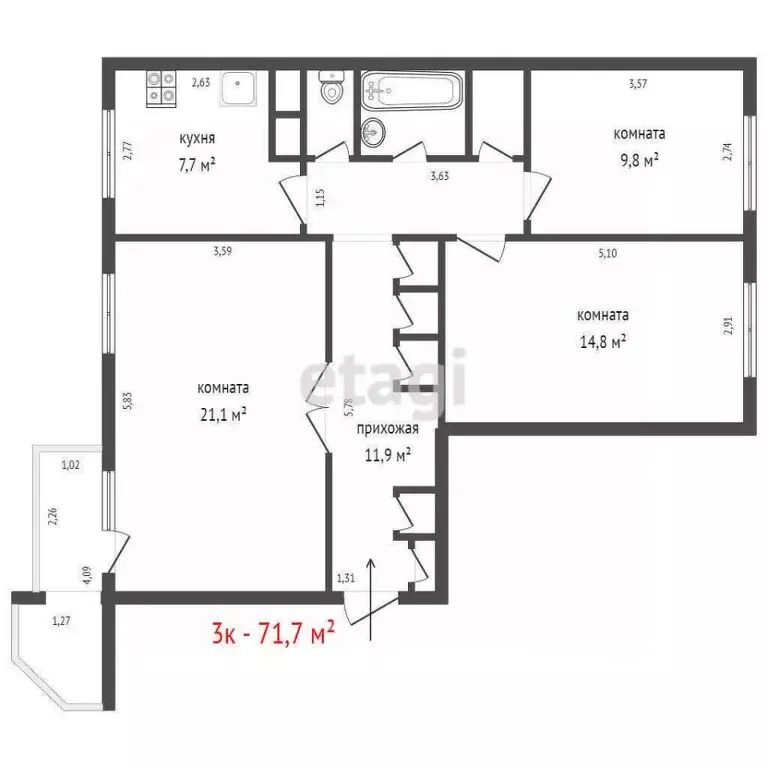 3-к кв. Свердловская область, Екатеринбург ул. Анны Бычковой, 10 (71.7 ... - Фото 2