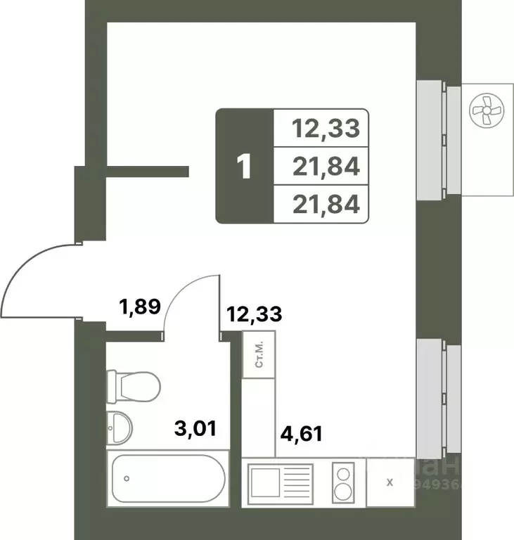 1-к кв. Башкортостан, Уфимский район, с. Миловка  (21.84 м) - Фото 1