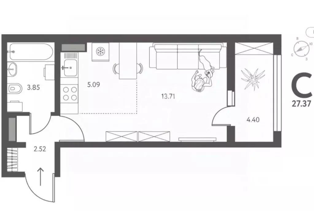 Студия Липецкая область, Липецк ул. Перова (27.37 м) - Фото 2