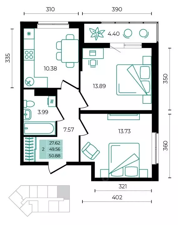 2-к кв. Адыгея, Майкопский район, пос. Тульский ул. Заречная (50.88 м) - Фото 1